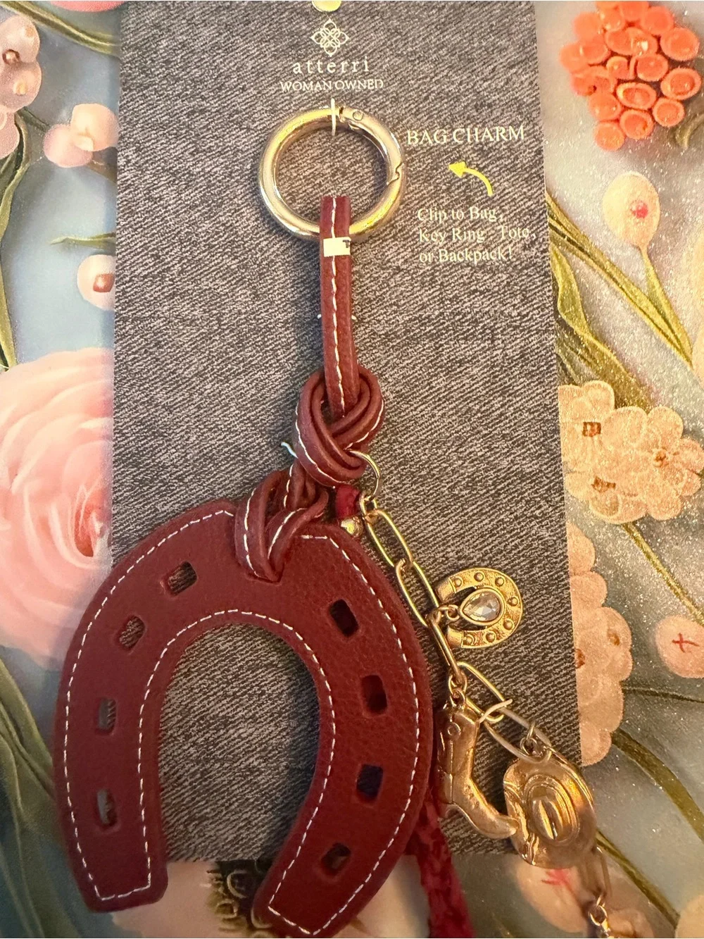 Alterri Genuine Leather Horseshoe Bag Charm With Gold Western Themed Charms NEW